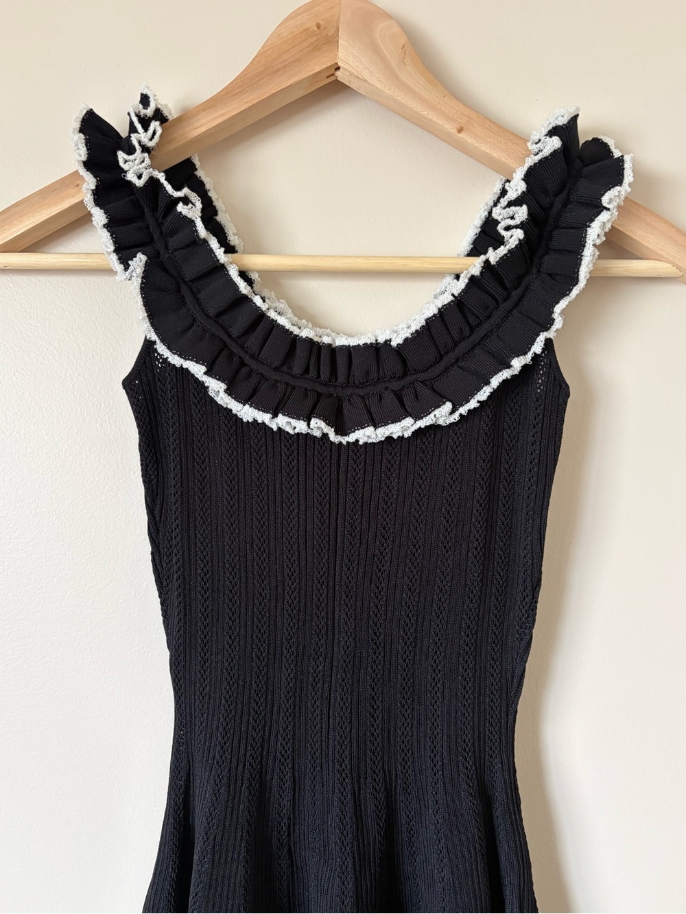NEW Self-Portrait Black Contrast Trim Knit Mini Dress Ruffle Bow | US XS - Picture 9 of 14